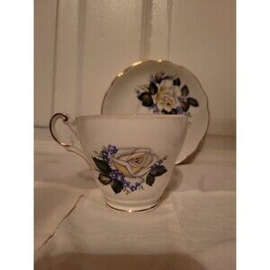 Vtg Regency Teacup & Saucer English Bone China White Rose Blue Floral Cup Gold